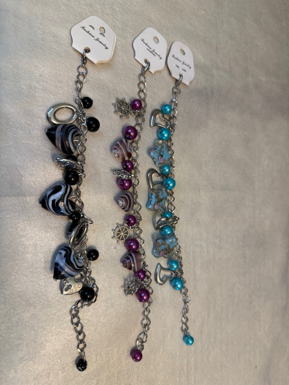 Set of 3 Jewelry Beaded Charm Bracelet - Black, Purple, Blue